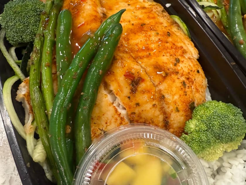 Mango Heat Tilapia Bowl, prepped by Beatriz